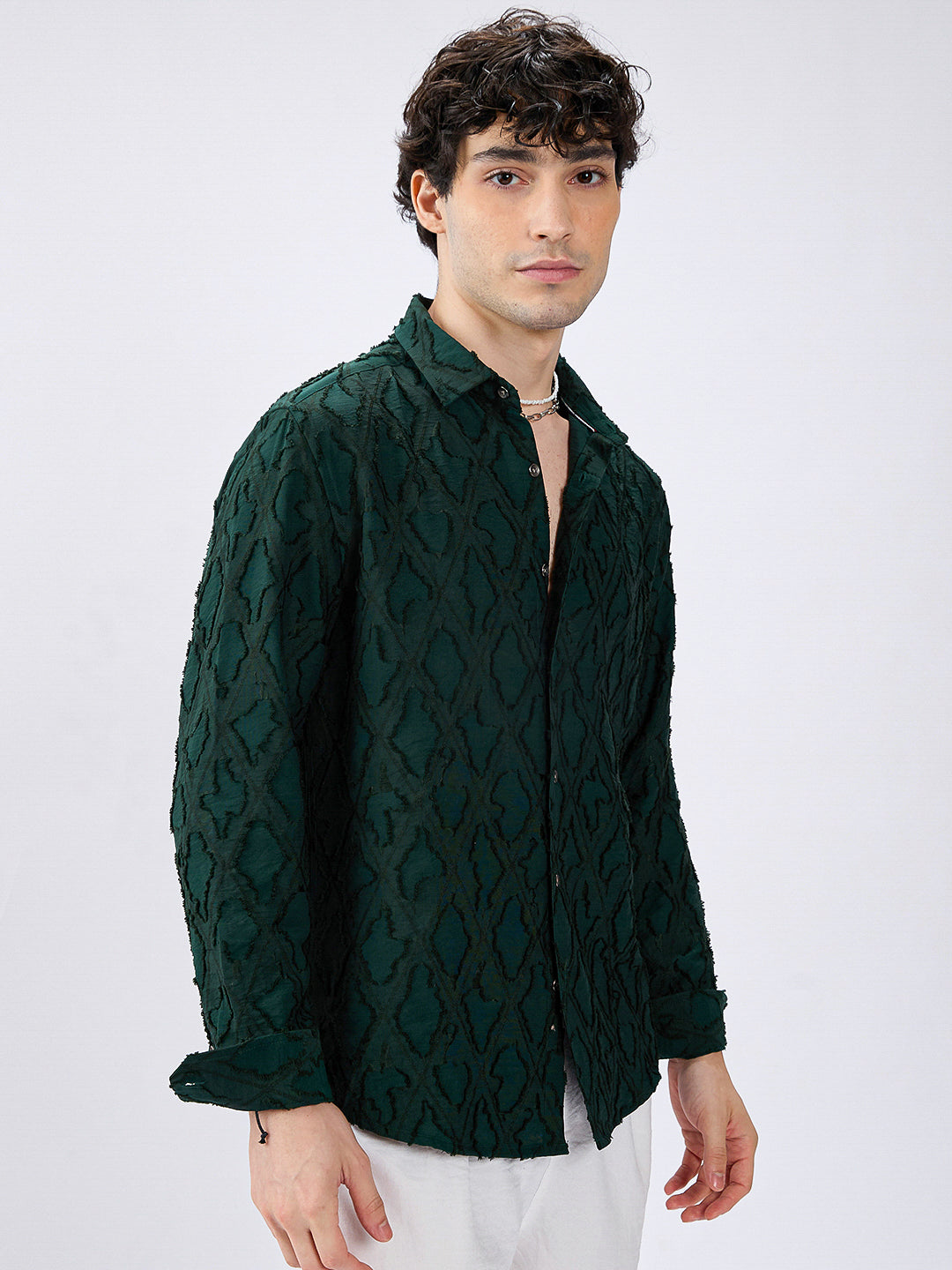 Emerald Green Lozenge Embossed Frayed Shirt