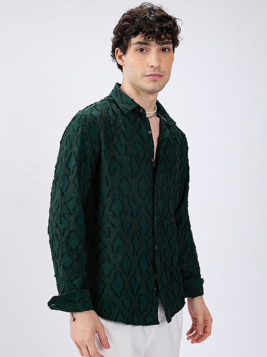 Emerald Green Lozenge Embossed Frayed Shirt
