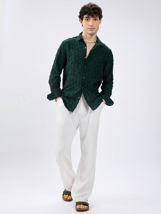 Emerald Green Lozenge Embossed Frayed Shirt