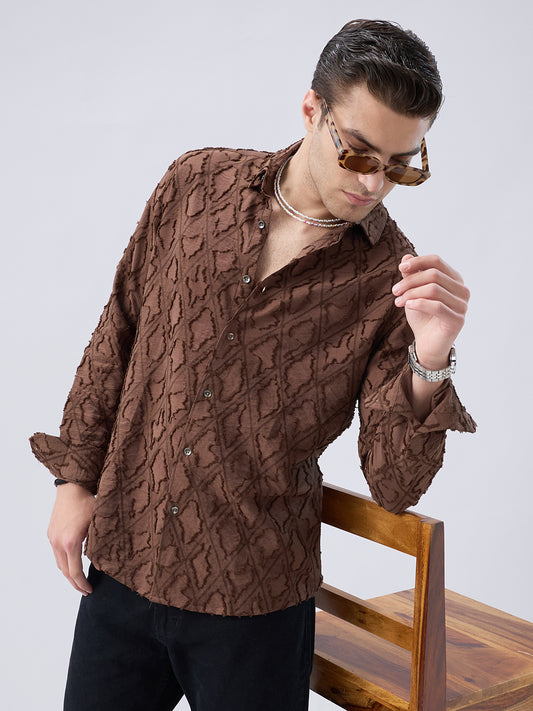 Rust Brown Geometric Detail Frayed Shirt