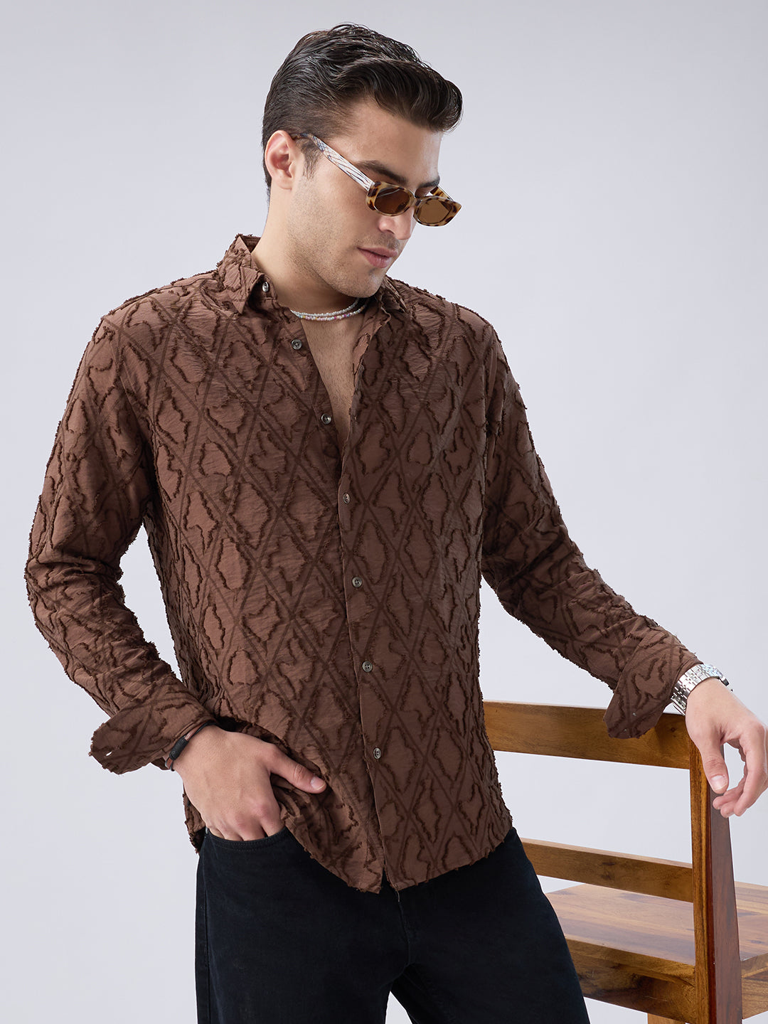 Rust Brown Geometric Detail Frayed Shirt