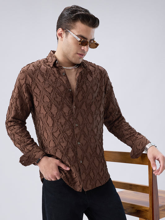 Rust Brown Geometric Detail Frayed Shirt