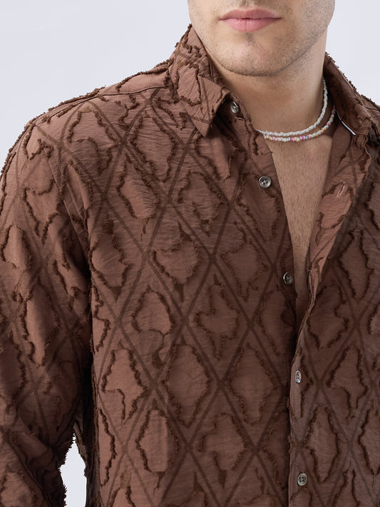 Rust Brown Geometric Detail Frayed Shirt