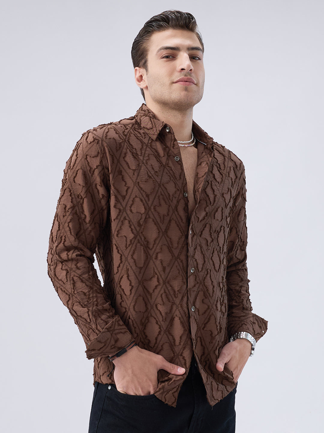 Rust Brown Geometric Detail Frayed Shirt