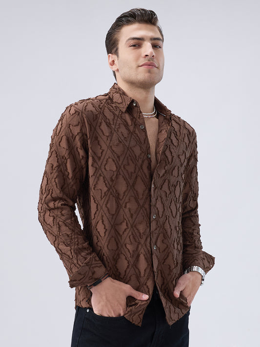 Rust Brown Geometric Detail Frayed Shirt