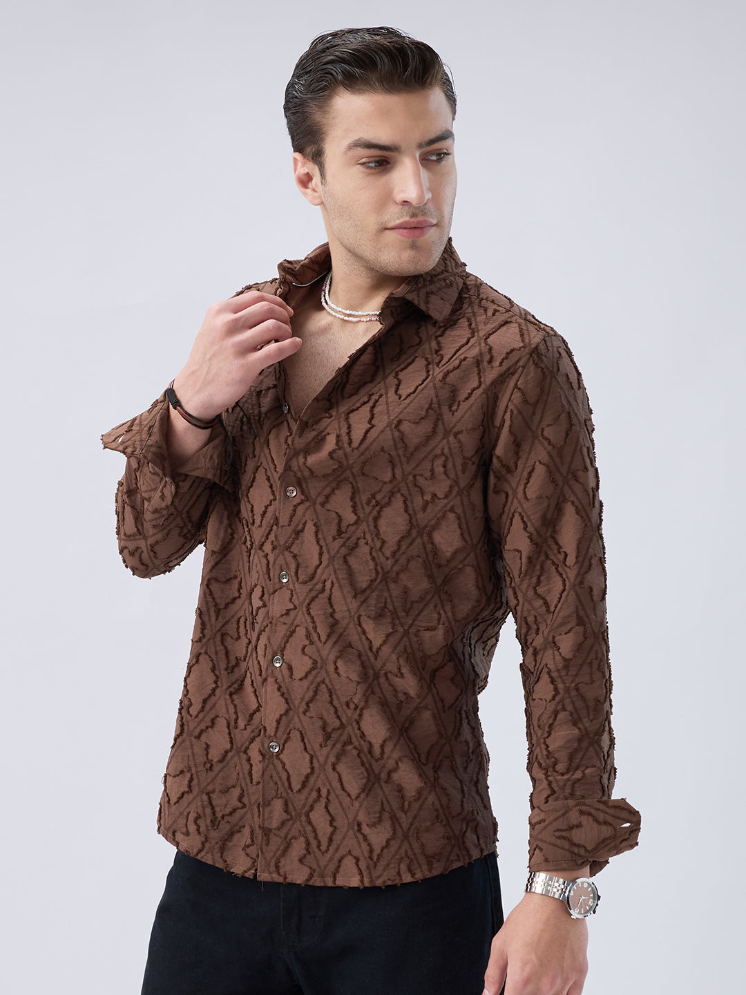 Rust Brown Geometric Detail Frayed Shirt