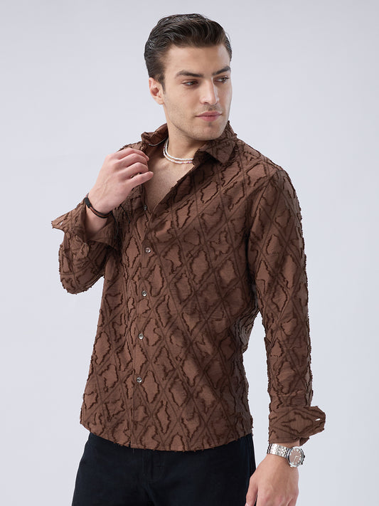 Rust Brown Geometric Detail Frayed Shirt