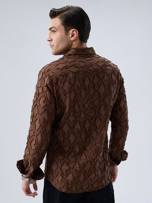 Rust Brown Geometric Detail Frayed Shirt