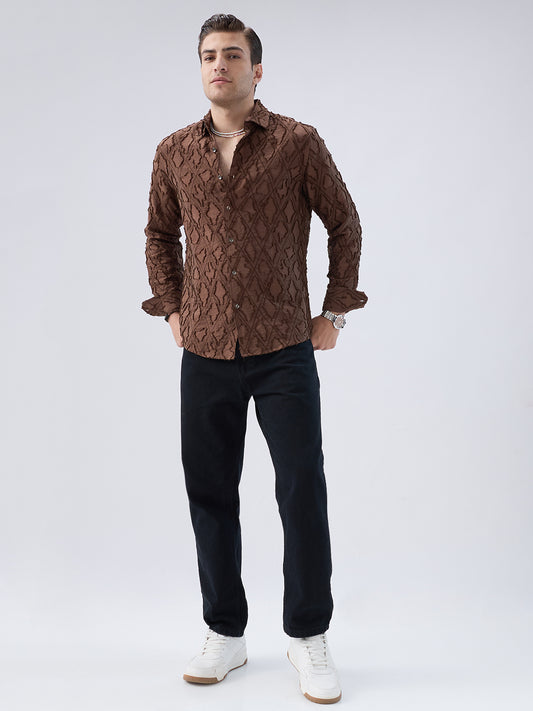 Rust Brown Geometric Detail Frayed Shirt