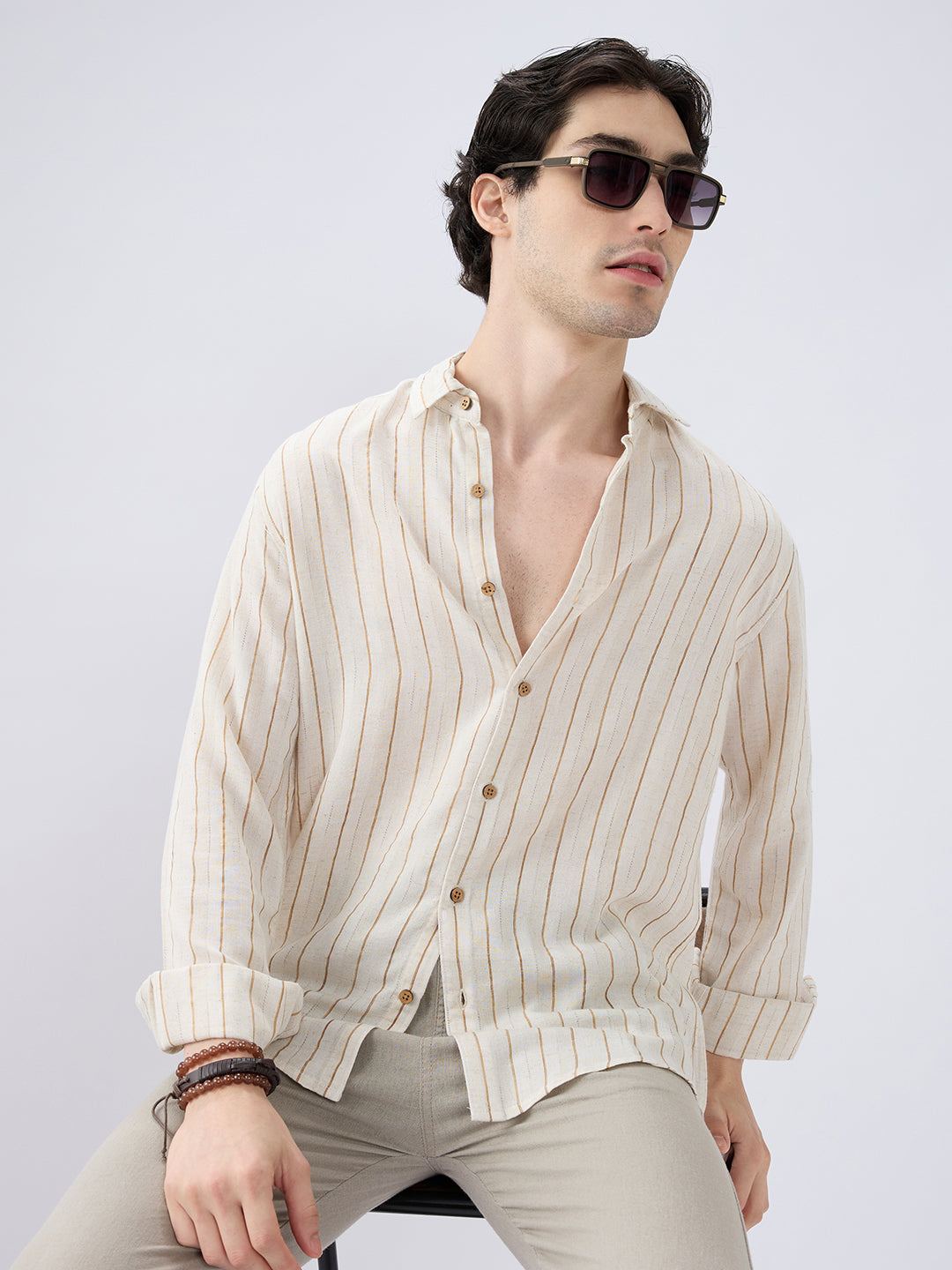 Classic Grainy Beige Striped Linen Blend Shirt