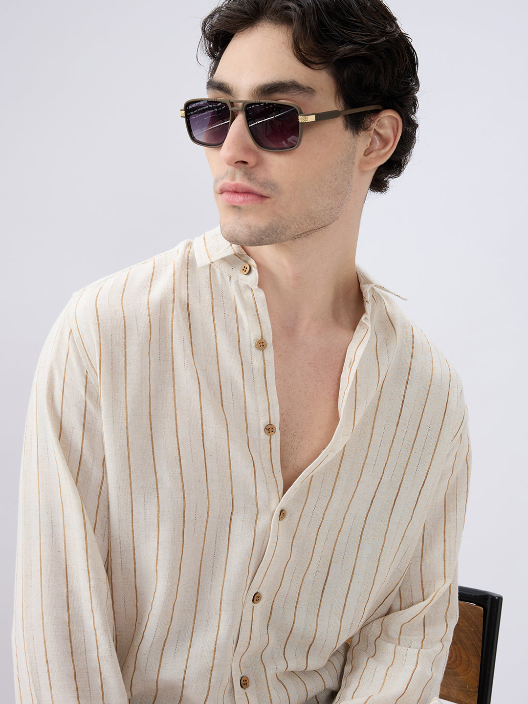 Classic Grainy Beige Striped Linen Blend Shirt