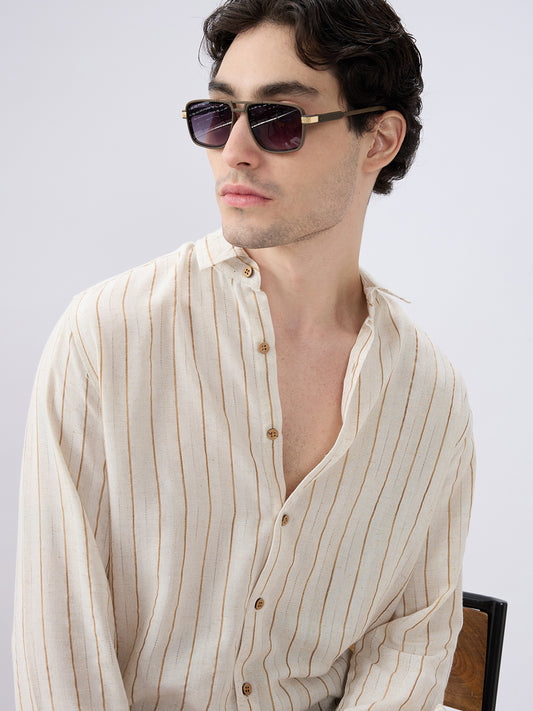 Classic Grainy Beige Striped Linen Blend Shirt