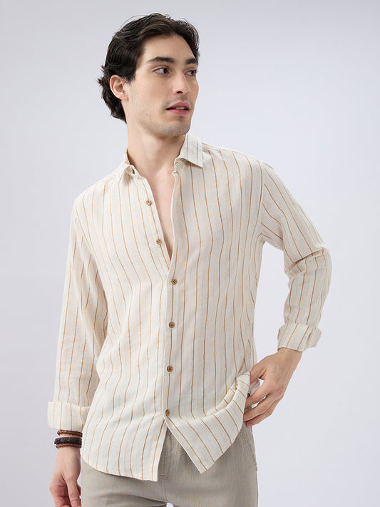 Classic Grainy Beige Striped Linen Blend Shirt