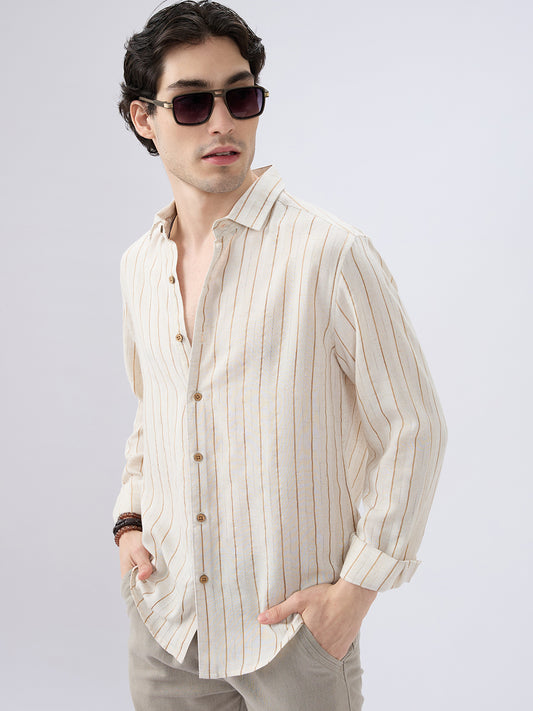 Classic Grainy Beige Striped Linen Blend Shirt