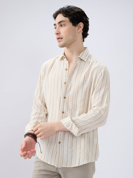 Classic Grainy Beige Striped Linen Blend Shirt