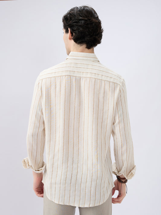 Classic Grainy Beige Striped Linen Blend Shirt