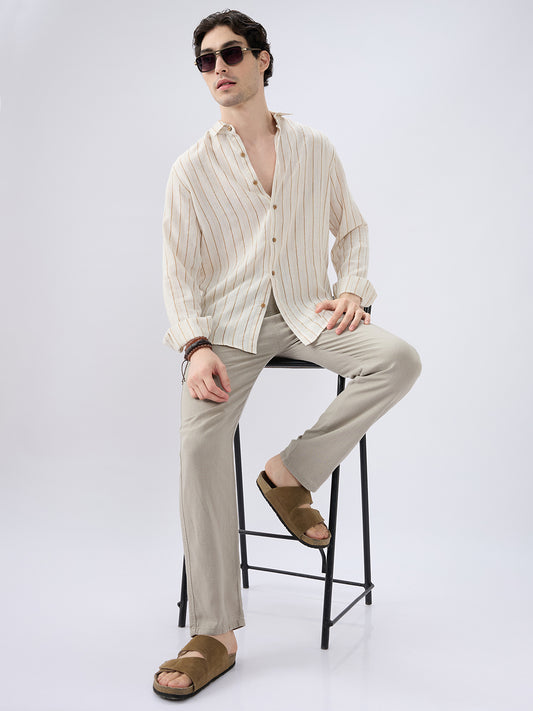 Classic Grainy Beige Striped Linen Blend Shirt