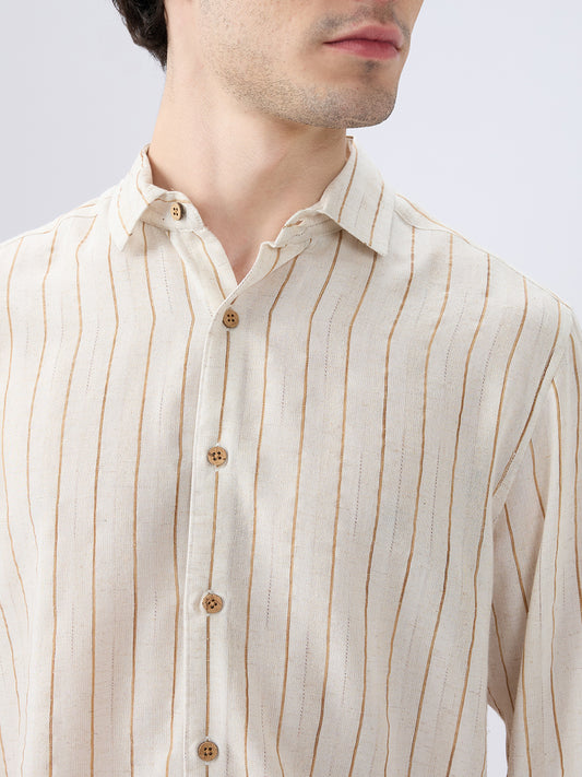 Classic Grainy Beige Striped Linen Blend Shirt