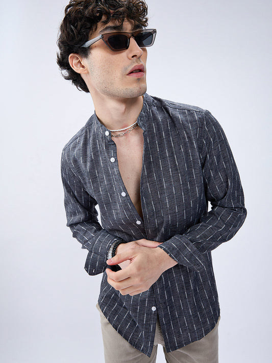 Charcoal Black Shadow-Weft Striped Mandarin Shirt