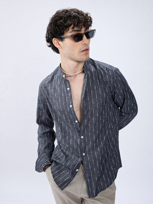 Charcoal Black Shadow-Weft Striped Mandarin Shirt