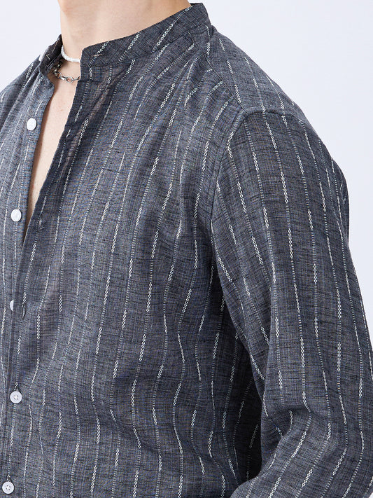 Charcoal Black Shadow-Weft Striped Mandarin Shirt
