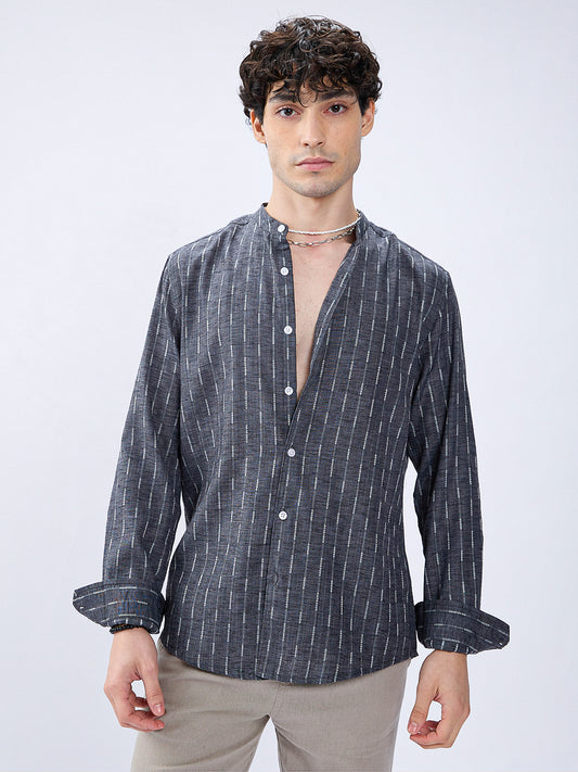 Charcoal Black Shadow-Weft Striped Mandarin Shirt