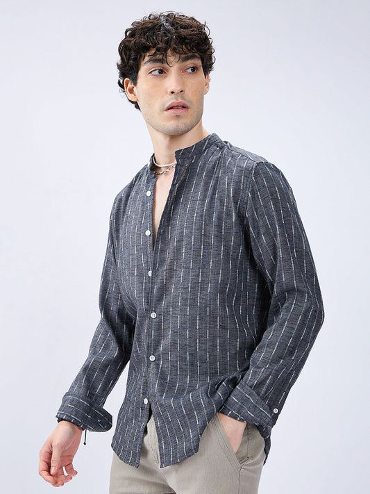 Charcoal Black Shadow-Weft Striped Mandarin Shirt