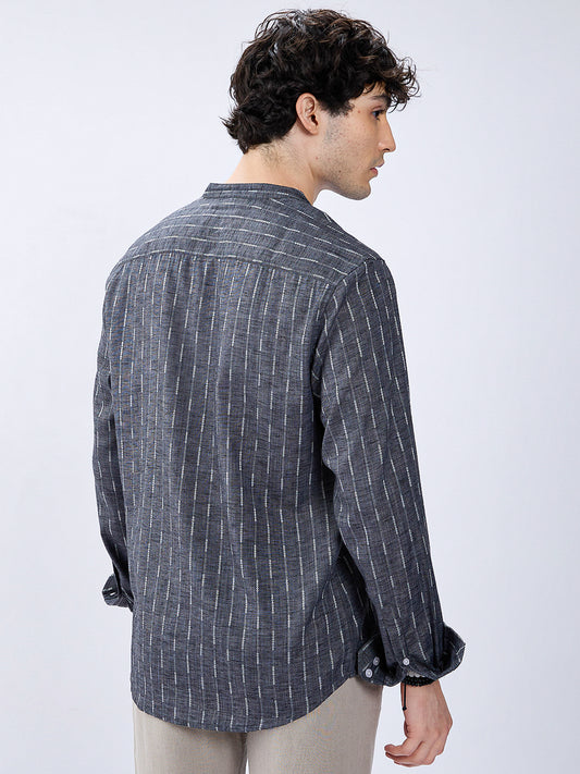 Charcoal Black Shadow-Weft Striped Mandarin Shirt