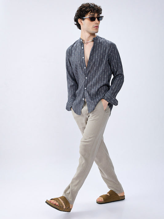 Charcoal Black Shadow-Weft Striped Mandarin Shirt