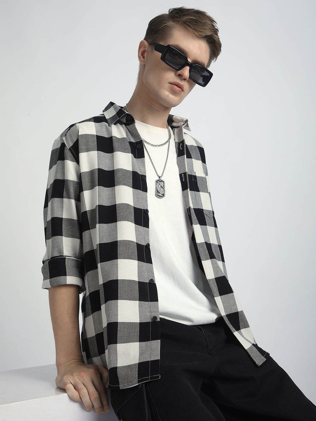 Premium Cotton Monochrome Box Grid Classic Shirt