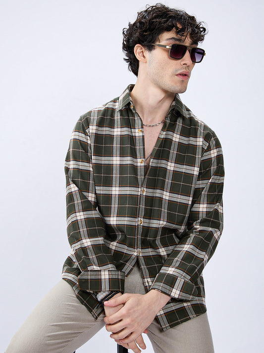 Premium Cotton Rustic Olive Green Frame Grid Checks Shirt