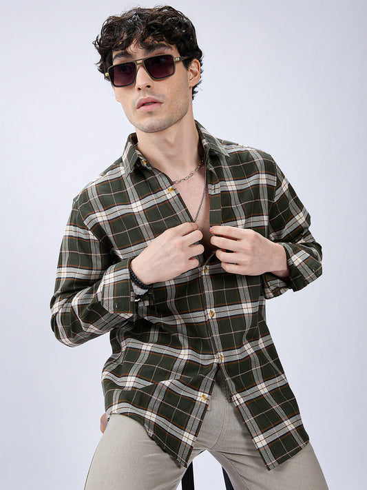 Premium Cotton Rustic Olive Green Frame Grid Checks Shirt