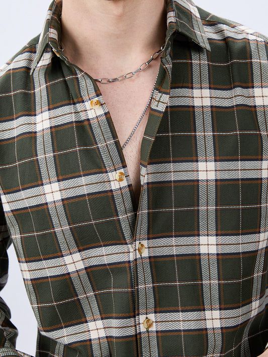 Premium Cotton Rustic Olive Green Frame Grid Checks Shirt