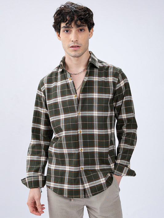 Premium Cotton Rustic Olive Green Frame Grid Checks Shirt
