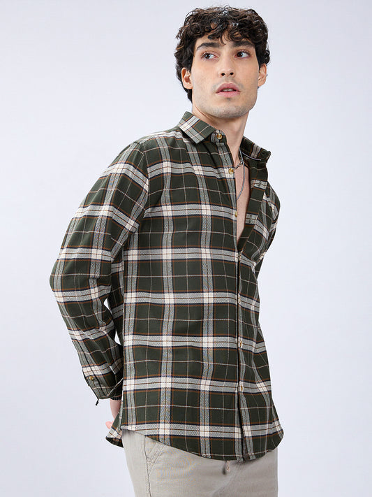 Premium Cotton Rustic Olive Green Frame Grid Checks Shirt