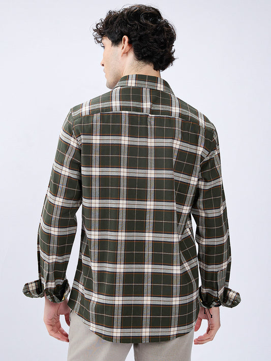 Premium Cotton Rustic Olive Green Frame Grid Checks Shirt