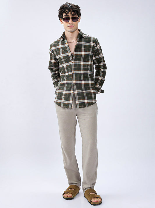 Premium Cotton Rustic Olive Green Frame Grid Checks Shirt