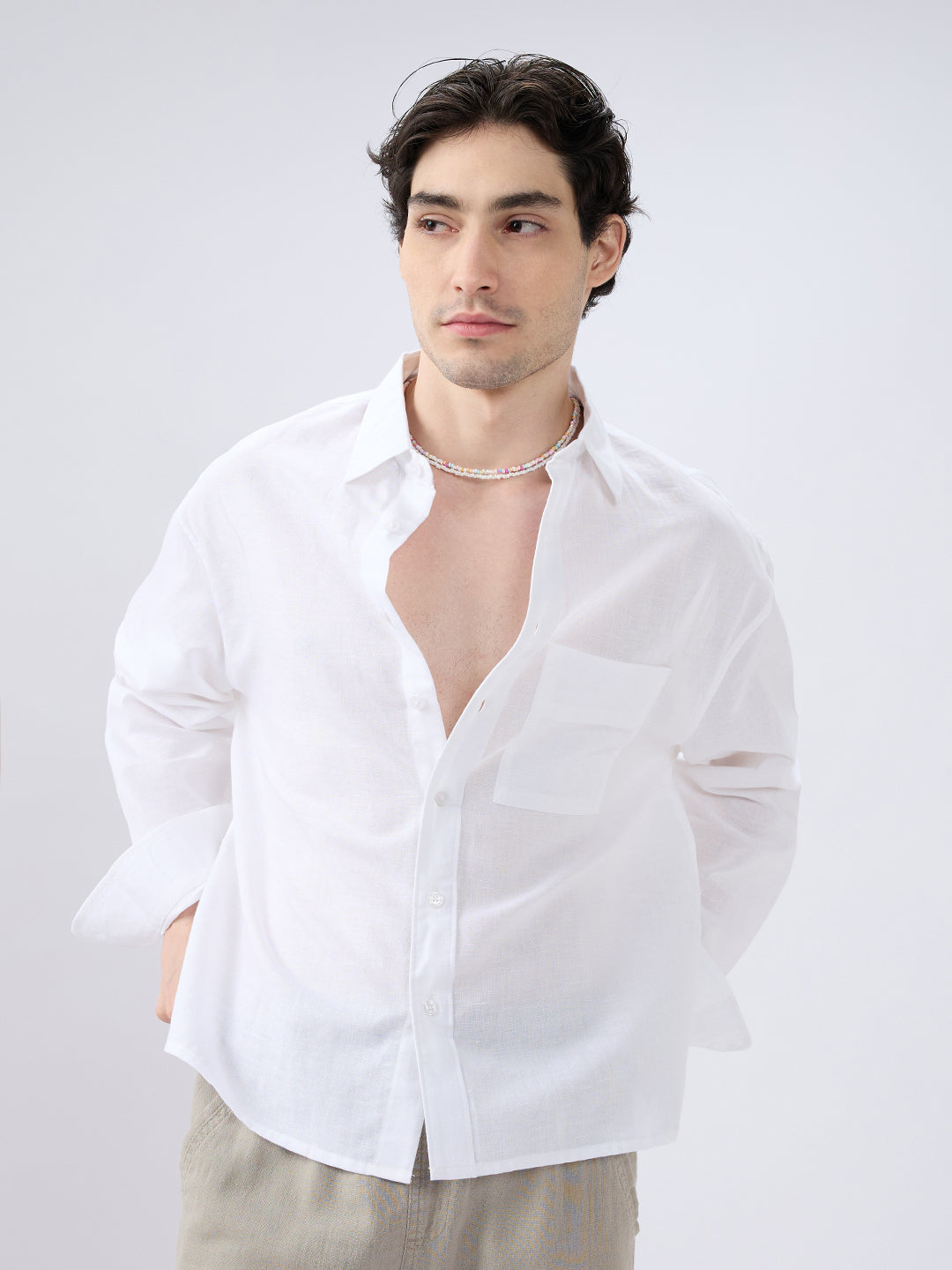 Pristine White Linen Textured Boxy Fit Crop Shirt