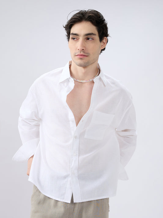 Pristine White Linen Textured Boxy Fit Crop Shirt