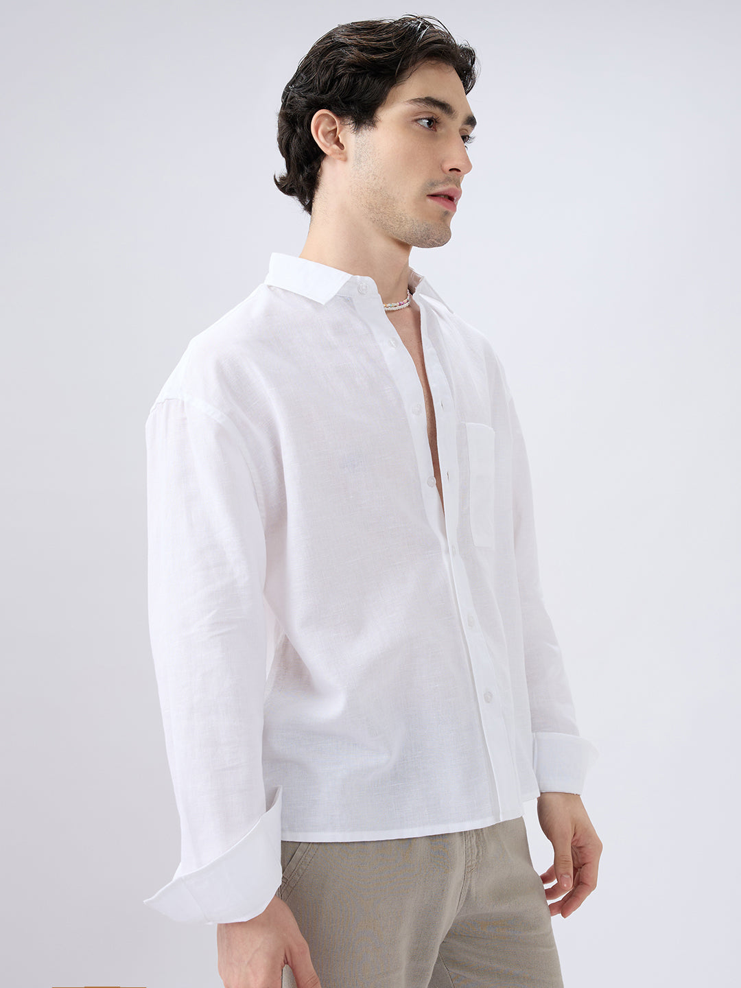 Pristine White Linen Textured Boxy Fit Crop Shirt