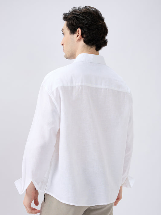 Pristine White Linen Textured Boxy Fit Crop Shirt