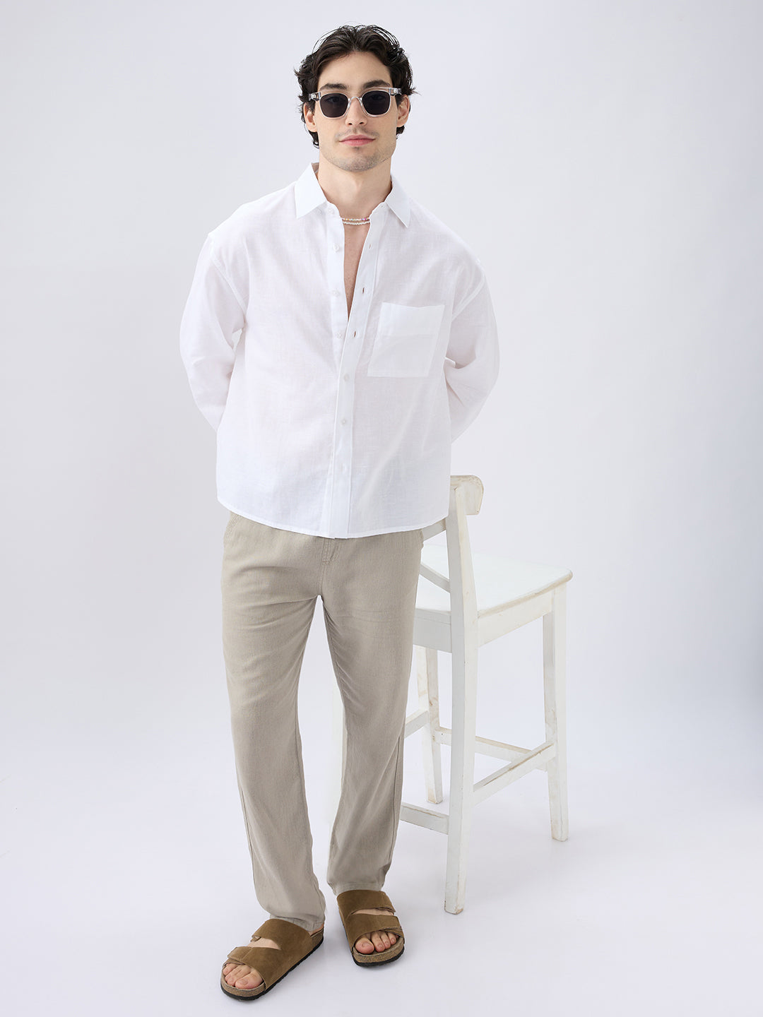 Pristine White Linen Textured Boxy Fit Crop Shirt
