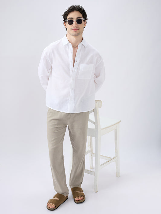 Pristine White Linen Textured Boxy Fit Crop Shirt