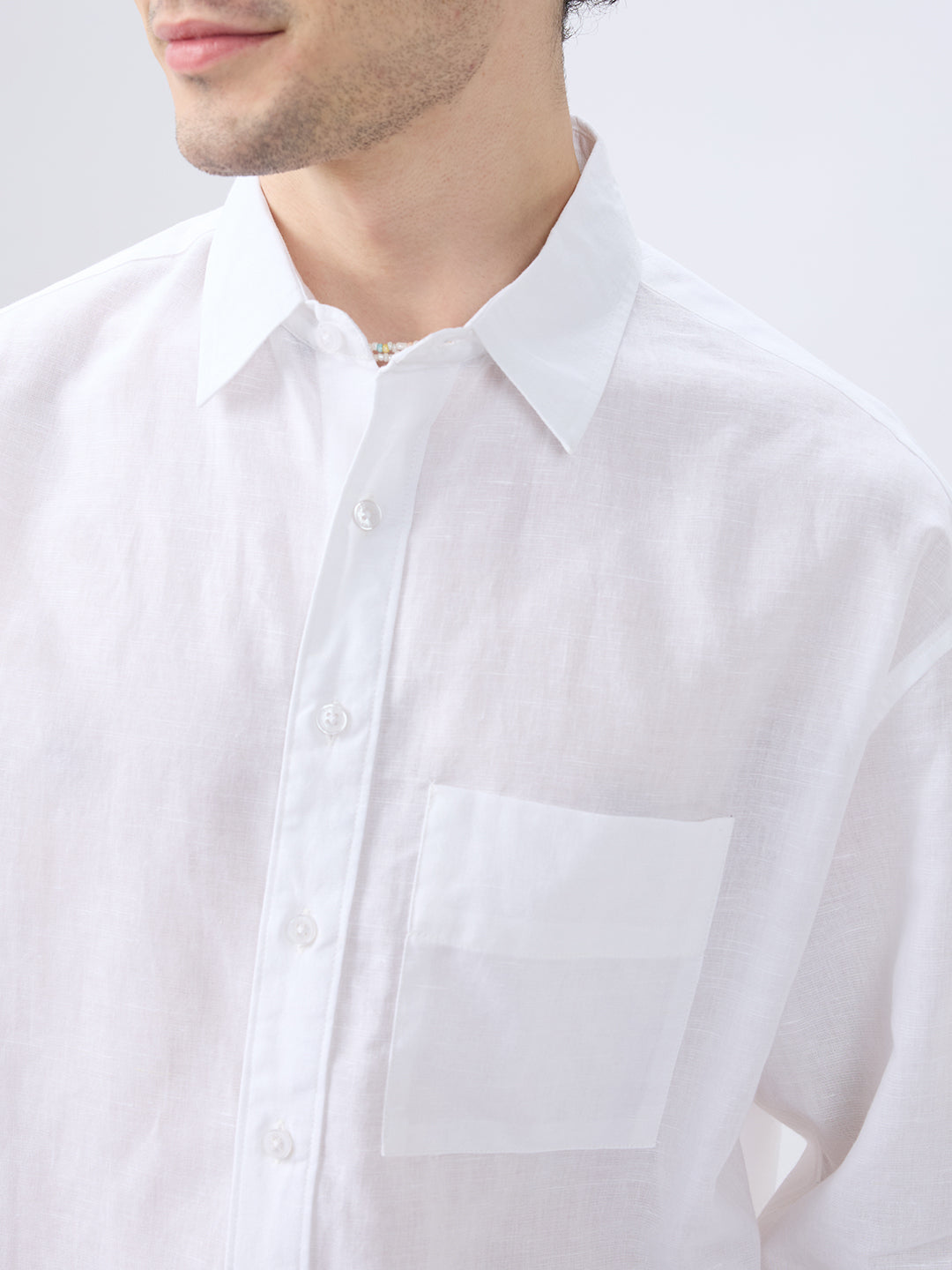 Pristine White Linen Textured Boxy Fit Crop Shirt