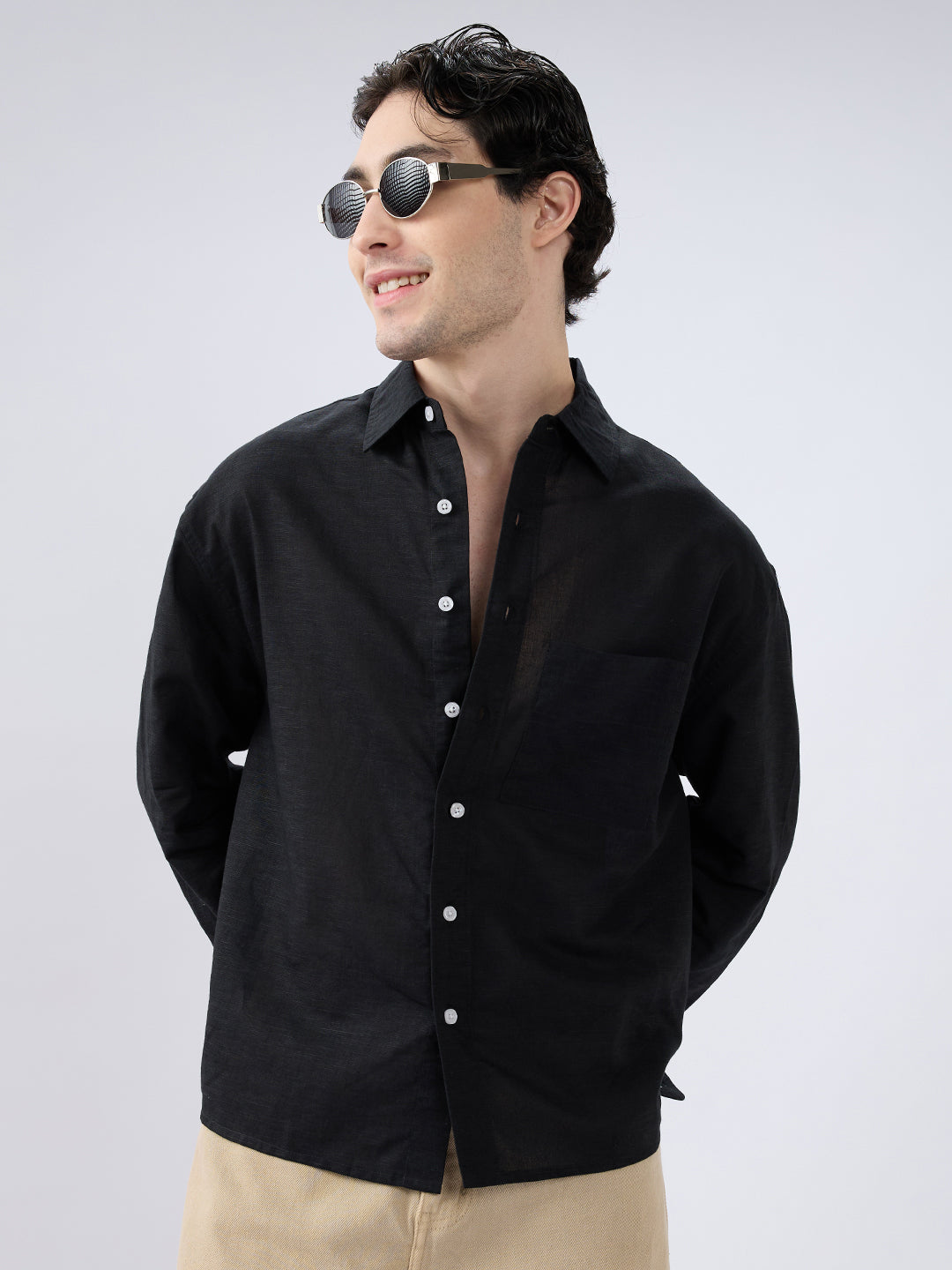 Black Subtle Linen Texture Oversized Crop Shirt