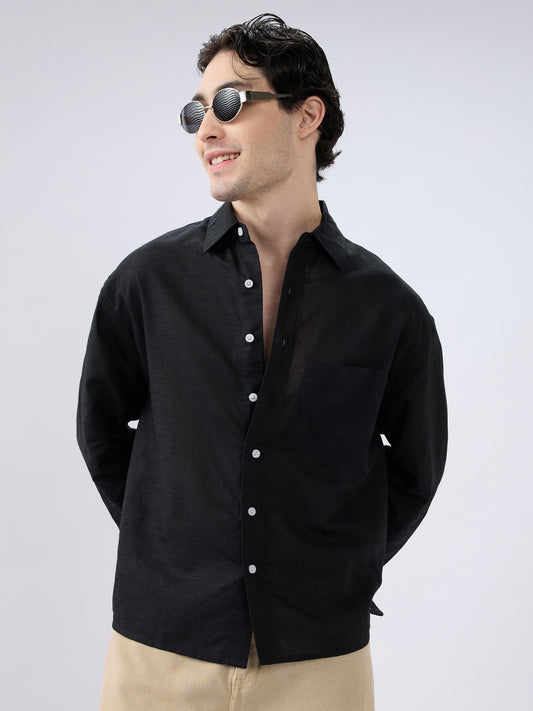 Black Subtle Linen Texture Oversized Crop Shirt