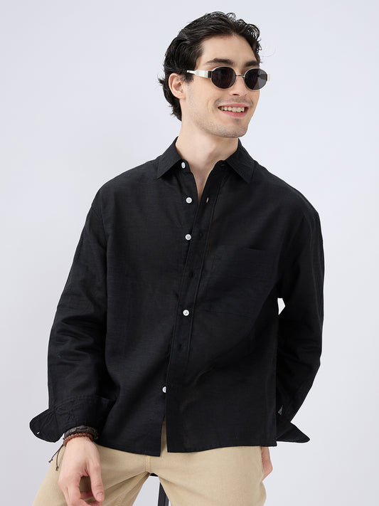 Black Subtle Linen Texture Oversized Crop Shirt
