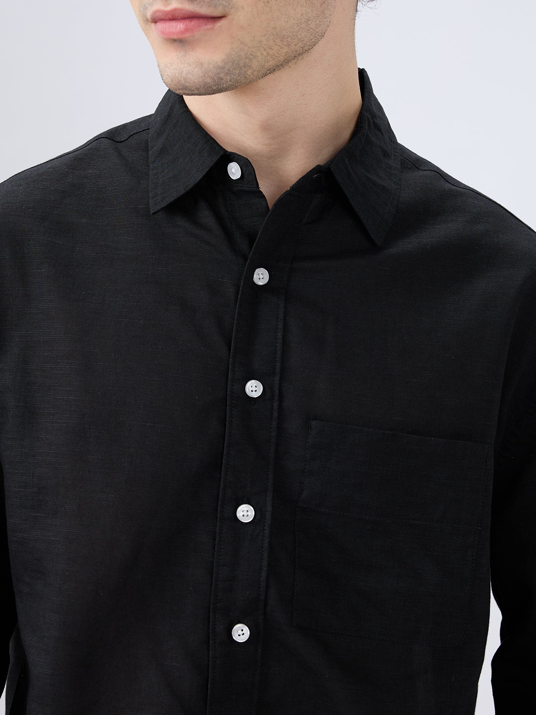 Black Subtle Linen Texture Oversized Crop Shirt