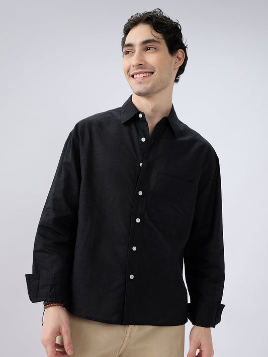 Black Subtle Linen Texture Oversized Crop Shirt