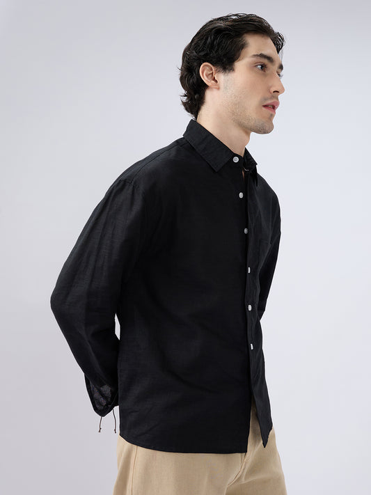Black Subtle Linen Texture Oversized Crop Shirt